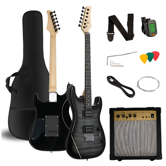 V-TONE EGW 39 GY gitara elektryczna 4/4 stratocaster 39" HH wzmacniacz pokrowiec pasek przewód jack-jack tuner kostki do gry struny ramię tremolo klucze imbusowe zestaw