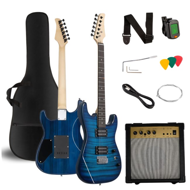 V-TONE EGW 39 BL gitara elektryczna 4/4 stratocaster 39" HH wzmacniacz pokrowiec pasek przewód jack-jack tuner kostki do gry struny ramię tremolo klucze imbusowe zestaw
