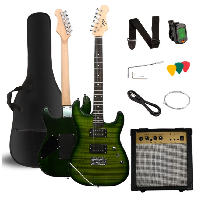V-TONE EGW 39 GR gitara elektryczna 4/4 stratocaster 39" HH wzmacniacz pokrowiec pasek przewód jack-jack tuner kostki do gry struny ramię tremolo klucze imbusowe zestaw