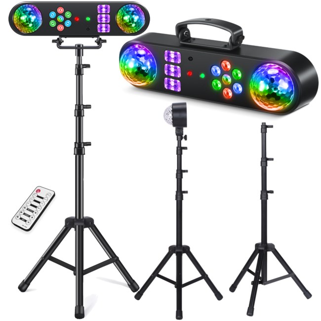 LIGHT4ME MAGIC BAR 2 multiefekt świetlny na dyskotekę imprezę do klubu efekt par Magic Ball biały stroboskop UV 2x laser R/G pilot bezprzewodowy statyw zestaw