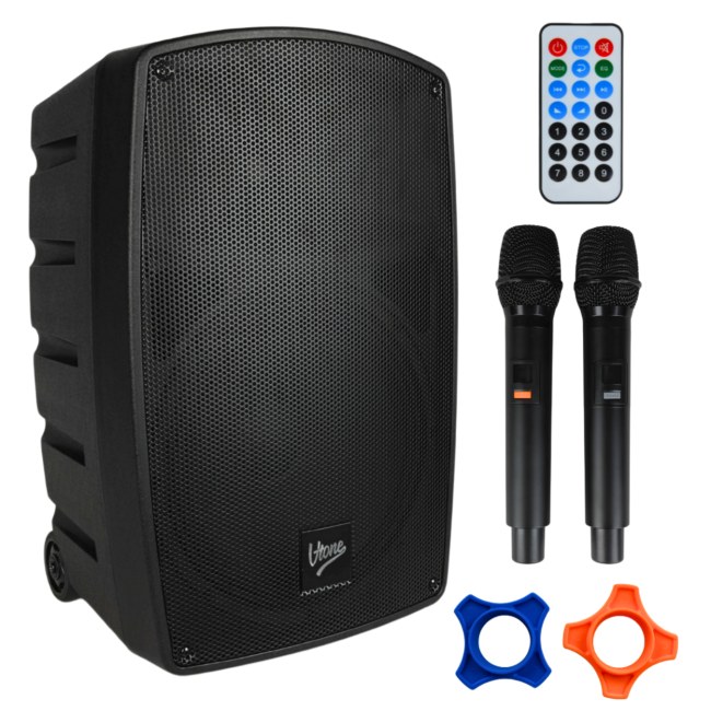 V-TONE BQ12 GO MP3 kolumna aktywna akumulatorowa czarna Bluetooth TWS USB SD DSP AUX pilot na podczerwień 2x mikrofon bezprzewodowy wysuwana rączka kółka transportowe zestaw