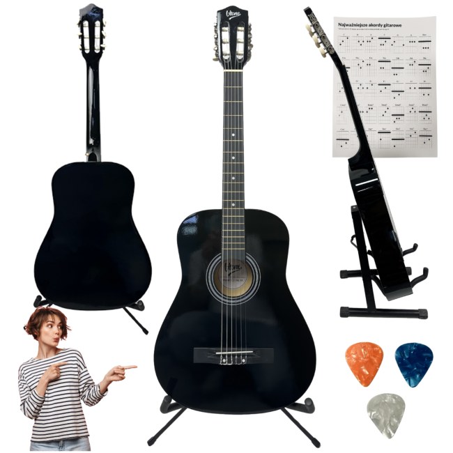 V-TONE BCG BK gitara klasyczna 4/4 czarna do nauki dla początkujących 3x kostka do gry akordy zestaw