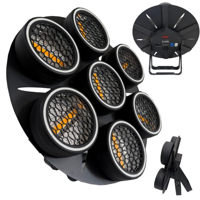 EVOLIGHTS LUMEN 7 RING 7x30W WW + 224x0,5W/31x0,2W RGB LED reflektor estradowy vintage oświetlenie sceniczne retro ciepła biel efekt tła ring