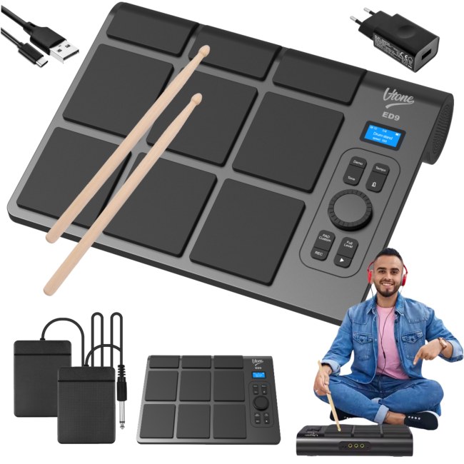 V-TONE ED9 perkusja elektroniczna bateryjna przenośna USB-C Bluetooth 9 padów pałeczki pedały wbudowane głośniki 2x5W zestaw