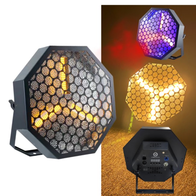 LIGHT4ME LUMEN OCTO reflektor sceniczny LED retro oświetlenie vintage 3x60W WW COB ciepła biel + efekt tła 48x0,3W RGB