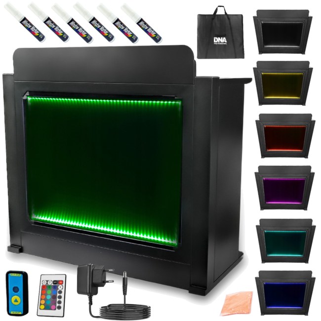 DNA DJ BOOTH XL BK stół stanowisko DJ podświetlana tablica LED RGB pilot długopisy pokrowiec zestaw