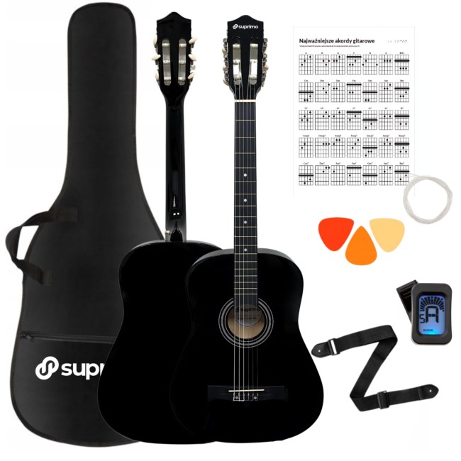 SUPRIMO CGS3 BK gitara klasyczna 4/4 czarna do nauki dla początkujących tuner kostki pasek zapasowe struny pokrowiec akordy zestaw