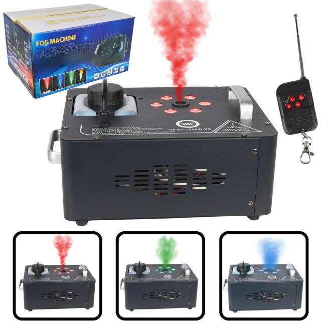 LIGHT4ME VESU 1200W V2 generator wytwornica dymu pionowego mgły DMX efekt świetlny 6x1W RGB LED pilot bezprzewodowy rączki do przenoszenia