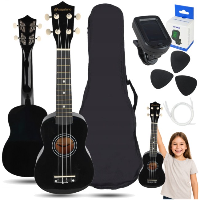 SUPRIMO UK21 SET BK ukulele sopranowe 21" czarne drewniane pokrowiec 3 kostki do gry zapasowe struny tuner zestaw dla dzieci do nauki gry