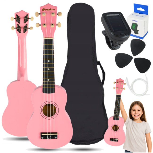 SUPRIMO UK21 SET PK ukulele sopranowe 21" różowe drewniane pokrowiec 3 kostki do gry zapasowe struny tuner zestaw dla dzieci do nauki gry