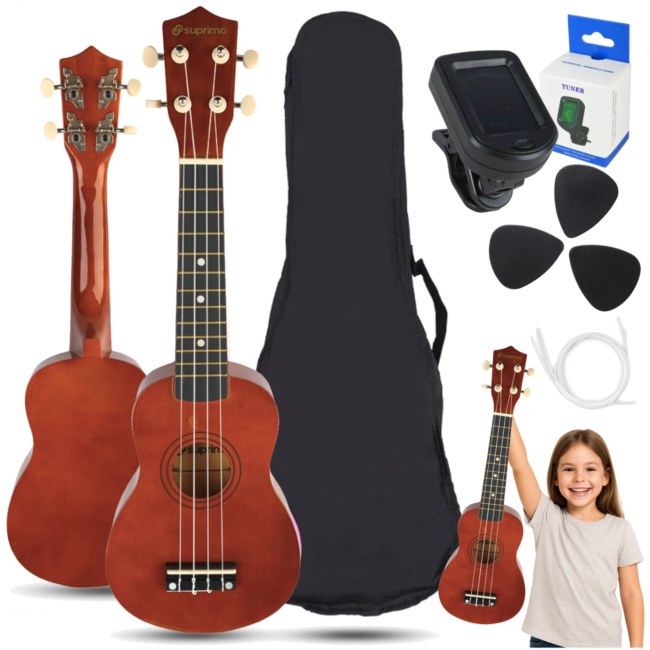 SUPRIMO UK21 SET DW ukulele sopranowe 21" ciemne drewno pokrowiec 3 kostki do gry zapasowe struny tuner zestaw dla dzieci do nauki gry