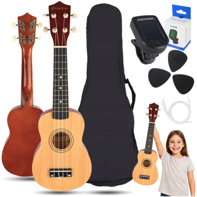 SUPRIMO UK21 SET NW ukulele sopranowe 21" naturalne drewno pokrowiec 3 kostki do gry zapasowe struny tuner zestaw dla dzieci do nauki gry