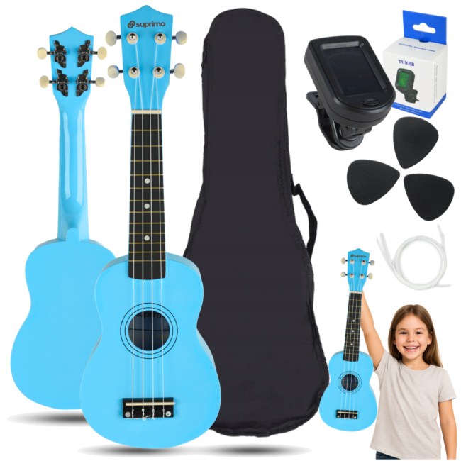 SUPRIMO UK21 SET LB ukulele sopranowe 21" niebieskie drewniane pokrowiec 3 kostki do gry zapasowe struny tuner zestaw dla dzieci do nauki gry