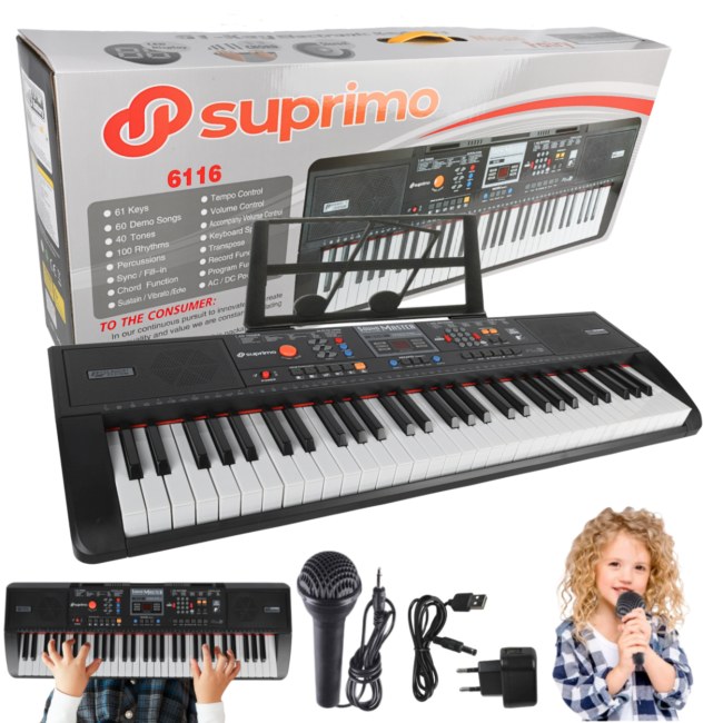 SUPRIMO 6116 keyboard edukacyjny bateryjny klawisze organy dla dzieci do nauki gry pulpit do nut mikrofon zasilacz AUX wyjście słuchawkowe