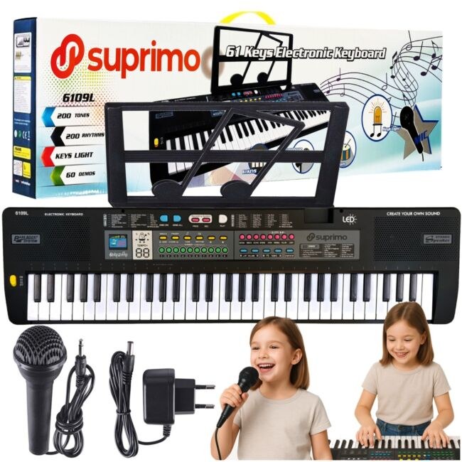 SUPRIMO 6109L keyboard edukacyjny bateryjny podświetlane klawisze organy dla dzieci do nauki gry pulpit do nut mikrofon zasilacz AUX wyjście słuchawkowe