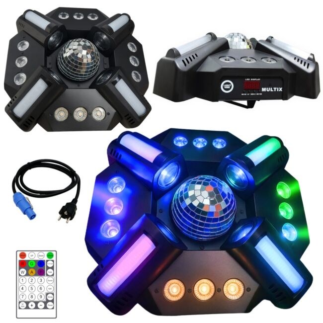 LIGHT4ME MULTIX multiefekt świetlny 3w1 LED sceniczny pilot bezprzewodowy uchwyt montażowy 4x30W RGBW SMD 5060+12x3W RGBWAUV SMD 15090+40x0,2W RGB SMD 3528