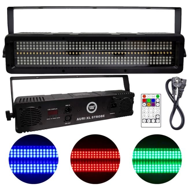 EVOLIGHTS SUNRAY STROBE HEAD ruchomy stroboskop sceniczny IP65 oświetlenie LED efekt świetlny 576x0,2W RGB SMD 5050+336x1W CW/A SMD 3030 2x uchwyt montażowy omega