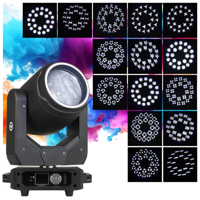 LIGHT4ME FOCUS 200W BEAM RING LED głowica ruchoma oświetlenie sceniczne efekt ring 27x0,5W RGB SMD LED uchwyt montażowy omega