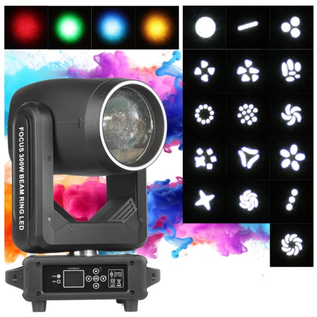 LIGHT4ME FOCUS 300W BEAM RING LED głowica ruchoma oświetlenie sceniczne efekt ring 31x0,5W RGB SMD LED 2x uchwyt montażowy omega