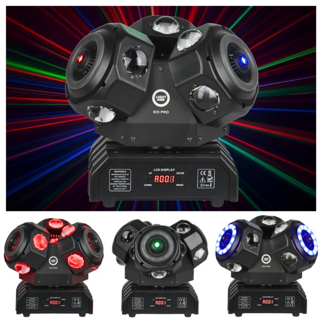 LIGHT4ME SID PRO ruchomy multiefekt świetlny 5w1 oświetlenie sceniczne LED DMX beam ring laser R/G/B 12x10W RGBW LED+36x0,2W RGB SMD 5050 LED uchwyt montażowy