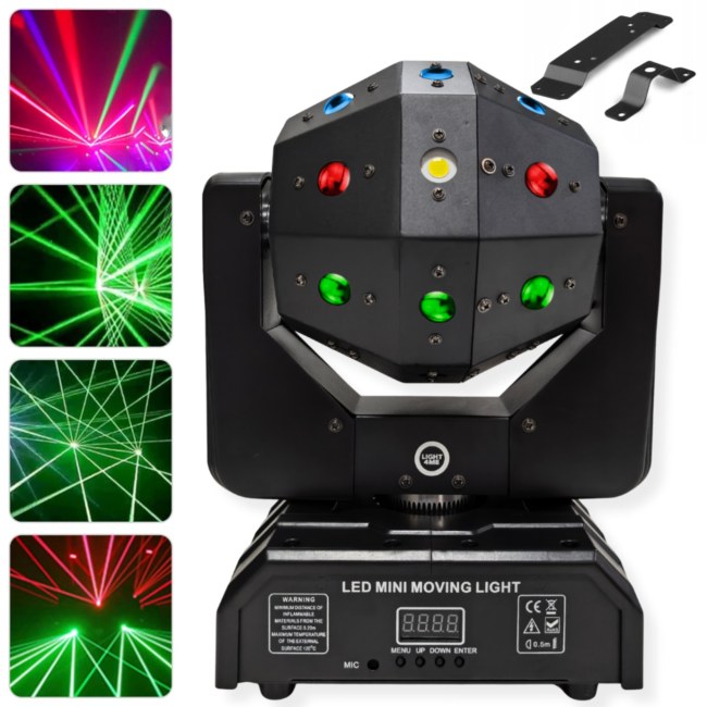 LIGHT4ME ATLAS ruchomy multiefekt świetlny 4w1 LED DMX beam biały stroboskop 16x3W R/G/B/W + 4x15W W LED + 2x100mW laser czerwony +2x50 mW laser zielony uchwyt montażowy