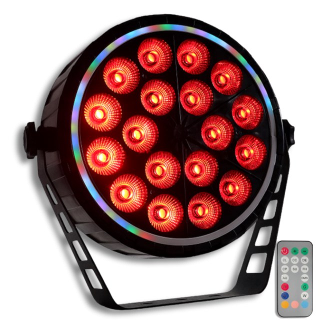 LIGHT4ME RING PAR 18 RGBW reflektor sceniczny efekt oświetleniowy DMX 18x10W RGBW LED+51x0,3W RGB LED efekt ring pilot bezprzewodowy uchwyt montażowy