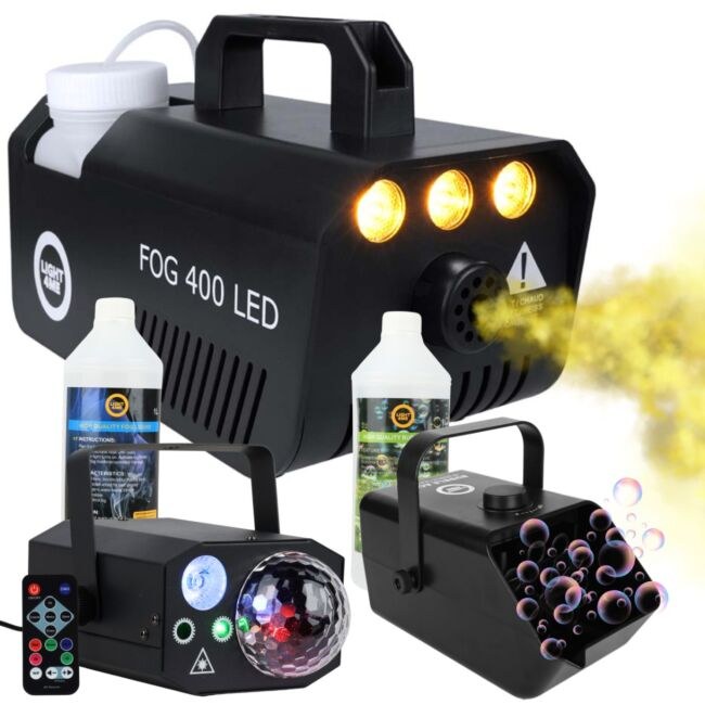 LIGHT4ME GIG SET 2 wytwornica dymu 400W LED płyn do dymu 1l akumulatorowa wytwornica baniek płyn do baniek 1l efekt oświetleniowy 4w1 RGBW+RGB+laser R/G zestaw na event imprezę