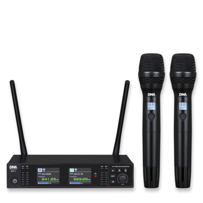 DNA XMIC 2 zestaw bezprzewodowy 2x mikrofon doręczny odbiornik UHF 518-542 MHz system nagłośnienia IR