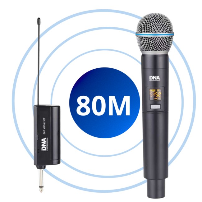 DNA BAT VOCAL SET zestaw bezprzewodowy akumulatorowy mikrofon doręczny odbiornik UHF 518-542 MHz pierścień przeciw toczeniu adapter jack 6,35 mm - jack 3,5 mm 2x osłona przeciwwietrzna