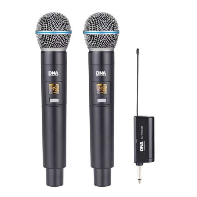 DNA BAT DUAL VOCAL SET zestaw bezprzewodowy akumulatorowy 2x mikrofon doręczny odbiornik UHF 518-542 MHz pierścień przeciw toczeniu adapter jack 6,35 mm - jack 3,5 mm 2x osłona przeciwwietrzna