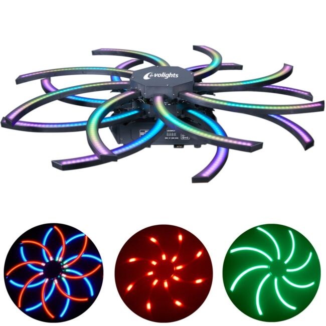 EVOLIGHTS VORTEX ruchomy efekt oświetleniowy DMX LED rotacja 360° 576x0,3W RGB SMD 5050 efekt tła 2x uchwyt montażowy omega