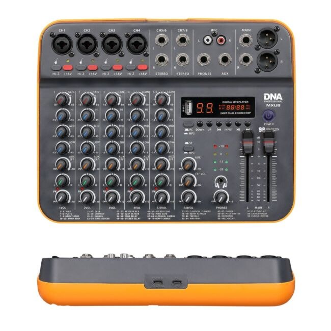 DNA MXU8 analogowy mikser dźwięku Bluetooth DSP EQ MP3 Phantom +48V USB-C 8 kanałów
