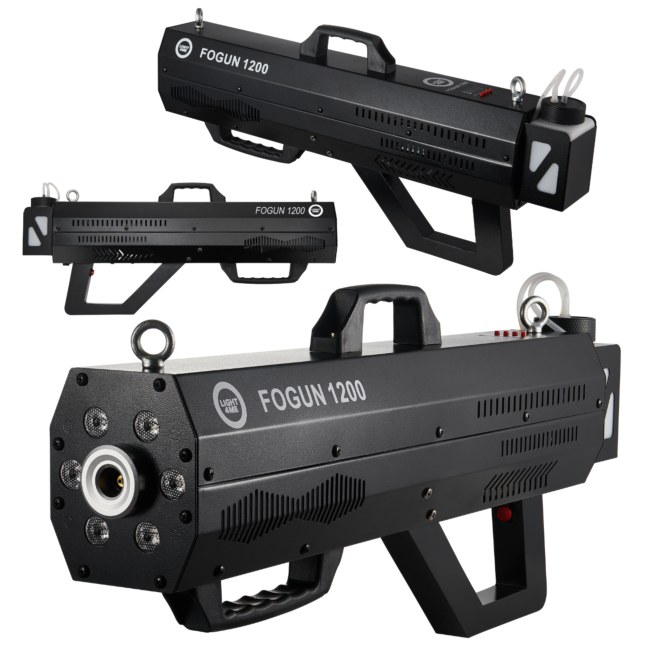 LIGHT4ME FOGun 1200 generator wytwornica dymu mgły 1200W karabin 6x3W RGB LED pasek na ramię