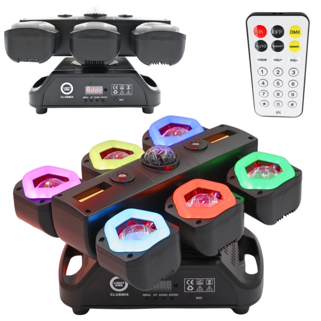 LIGHT4ME CLUBMIX ruchomy multiefekt oświetleniowy 6w1 LED DMX beam magic ball złoty stroboskop czerwony zielony laser ring 7x15W RGBW + 2x5W A + 108x0,2W RGB pilot bezprzewodowy uchwyt montażowy