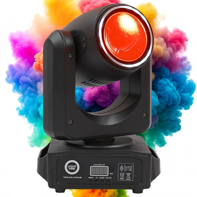 LIGHT4ME TWIN HALO BEAM podwójna głowica ruchoma beam 2x60W RGBW LED oświetlenie sceniczne DMX efekt ring 40x0,3W RGB SMD uchwyt montażowy omega