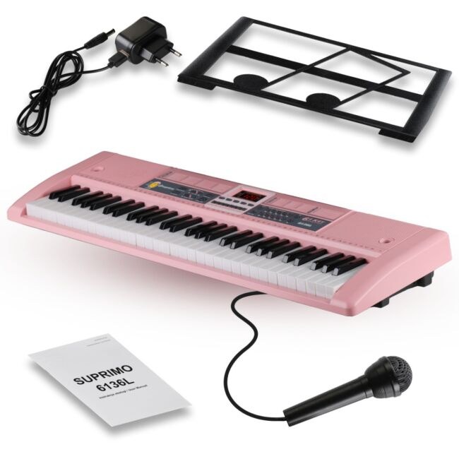 SUPRIMO 6136L PK keyboard organy z mikrofonem dla dzieci podświetlane klawisze różowa obudowa
