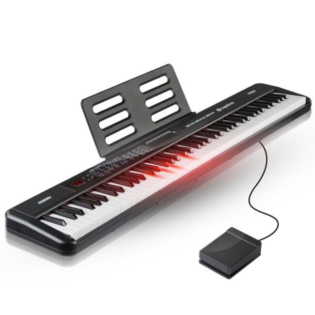 SUPRIMO 88035L pianino cyfrowe edukacyjne 88 klawiszy podświetlana klawiatura instrument dla dzieci do nauki gry pulpit do nut pedał sustain zestaw