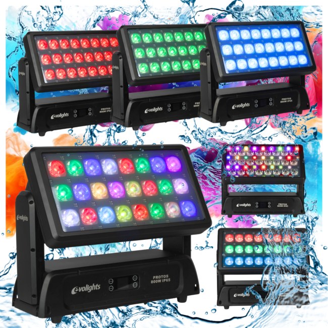 EVOLIGHTS PROTOS 800W IP65 wall washer oświetlenie zewnętrzne LED Art-Net DMX RDM sACN 24x25W RGBL LED 4w1 + 144x0,3W RGBW LED efekt aura