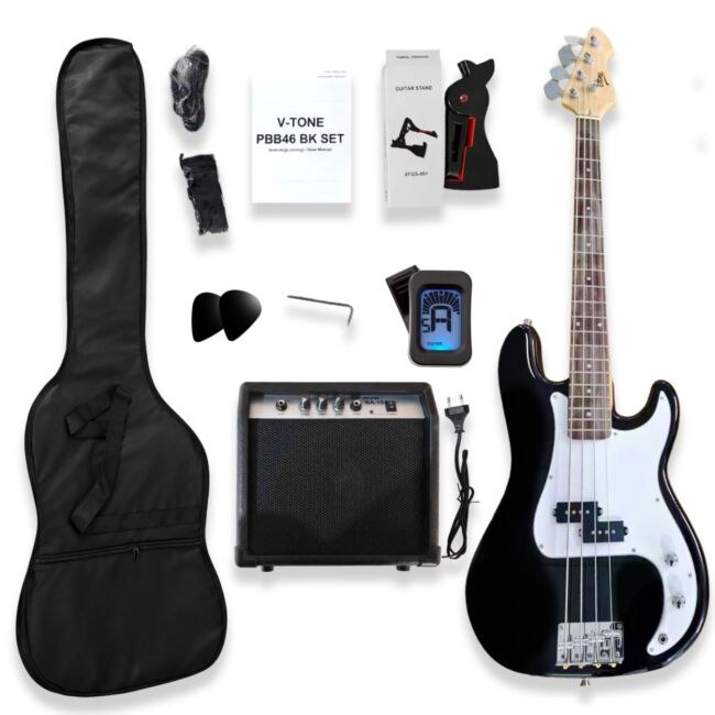 V-TONE PBB46 BK SET zestaw gitarowy gitara basowa PB 46" combo basowe 15W statyw tuner pasek kostki do gry przewód gitarowy pokrowiec klucze do regulacji