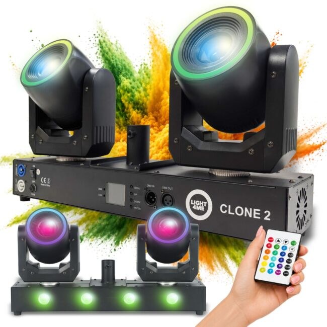 LIGHT4ME CLONE 2 multiefekt oświetleniowy 3w1 oświetlenie sceniczne LED DMX 2x głowica ruchoma spot 100W efekt ring 48x0,2W RGB efekt wash 4x12W RGBWAUV adapter statywu pilot bezprzewodowy 2x uchwyt montażowy omega