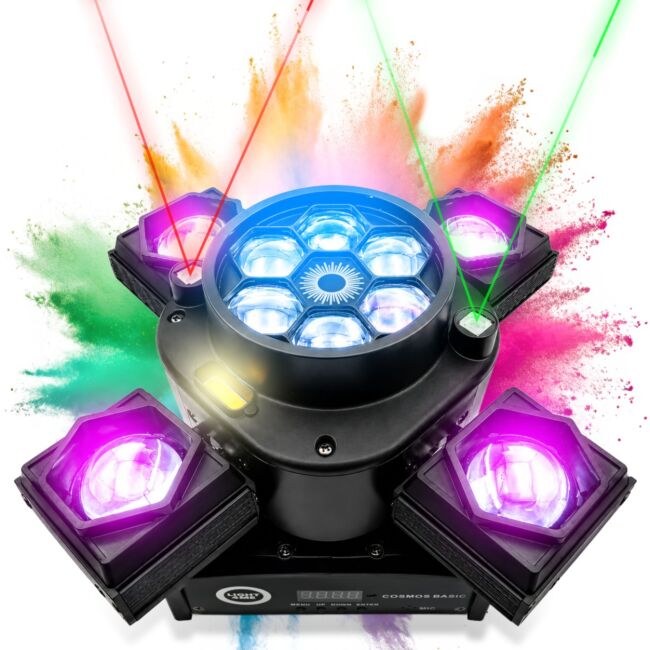 LIGHT4ME COSMOS BASIC ruchomy multiefekt oświetleniowy 4w1 oświetlenie sceniczne LED DMX Beam 4x15W RGBW CREE Bee Eye 6x8W RGBW laser czerwony 100 mW laser zielony 100 mW Golden Strobe 2x5W A pilot bezprzewodowy uchwyt montażowy omega