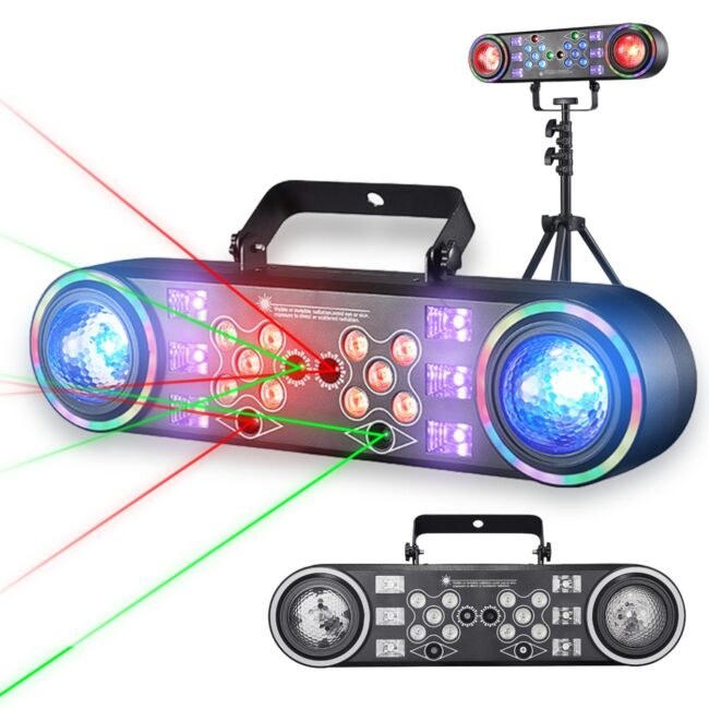 LIGHT4ME MAGIC BAR 4 multiefekt oświetleniowy 6w1 LED DMX Magic Ball 15W RGBW Water Wave 15W RGBW Ring 42x0,2W RGB Wash 10x4W RGBW efekt UV 6x3W 2x laser czerwony 100 mW 2x laser zielony 50 mW statyw pilot bezprzewodowy uchwyt montażowy torba transportowa