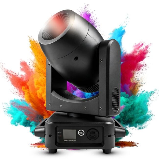 LIGHT4ME RAPID SPOT 200 głowica ruchoma oświetlenie sceniczne DMX 200W biała dioda LED focus tarcza 9 barw 9 gobo statycznych 6 gobo rotacyjnych indeksowanie gobo 6-fasetowa pryzma rotacyjna 2x uchwyt montażowy omega