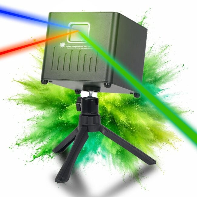 LIGHT4ME ACCU APP LASER akumulatorowy projektor skaner laserowy oświetlenie sceniczne RGB 200/100/200 mW 5000 mAh Bluetooth statyw trójnożny sterowanie smartfonem