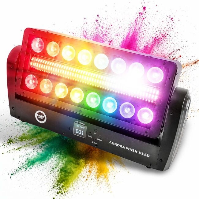 LIGHT4ME AURORA WASH HEAD ruchomy efekt oświetleniowy oświetlacz wash oświetlenie sceniczne LED DMX 16x12W RGBW + 144x1W CW/A 2x uchwyt montażowy omega