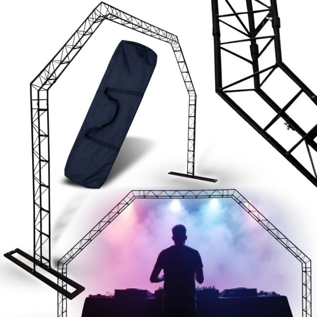 DNA DJ GATE rampa oświetleniowa statyw DJ brama wolnostojąca konstrukcja sceniczna łuk do 25 kg stal czarna 2x podstawa torba transportowa zestaw