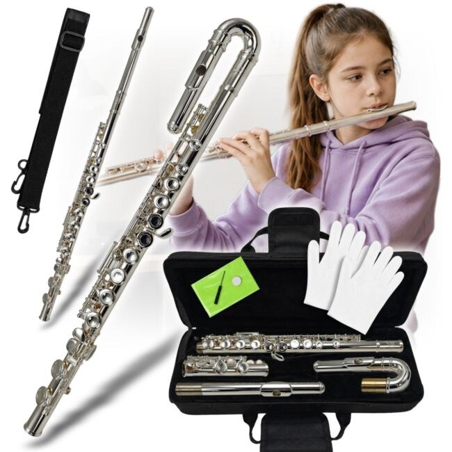 V-TONE SCF 16 flet poprzeczny z zakrzywioną główką srebrny tonacja C E-mechanika offset G wymienna główka prosta wycior ściereczka rękawiczki śrubokręt serwisowy torba transportowa pasek na ramię smar zestaw