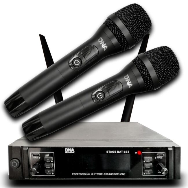 DNA STAGE BAT SET zestaw bezprzewodowy 2x akumulatorowy mikrofon doręczny odbiornik UHF 518-542 MHz 2x48 kanałów 2x wyjście zasilania USB-C