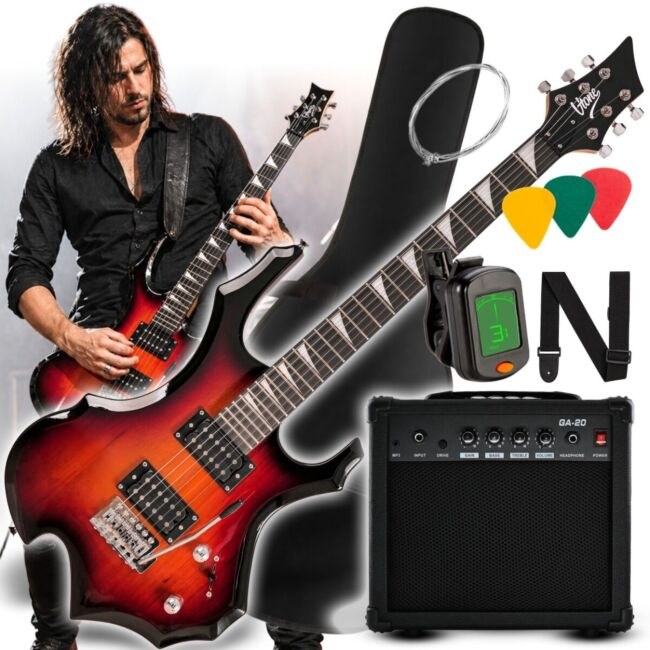 V-TONE EGS 39 SB gitara elektryczna 4/4 sunburst 39" HH wzmacniacz pokrowiec pasek przewód jack-jack tuner kostki do gry struny ramię tremolo klucze imbusowe zestaw