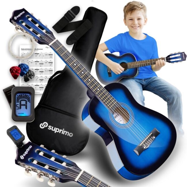 SUPRIMO JRC SET BB gitara klasyczna 1/4 blueburst do nauki dla początkujących 3x kostka do gry pasek zapasowe struny pokrowiec tuner akordy zestaw